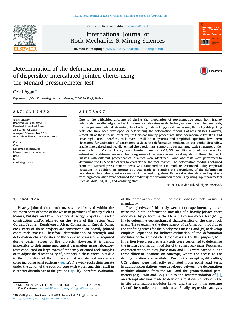 Determination of the deformation modulus of dispersible-intercalated-jointed cherts using the Menard pressuremeter test