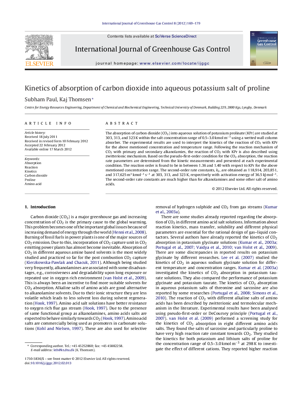 Kinetics of absorption of carbon dioxide into aqueous potassium salt of proline