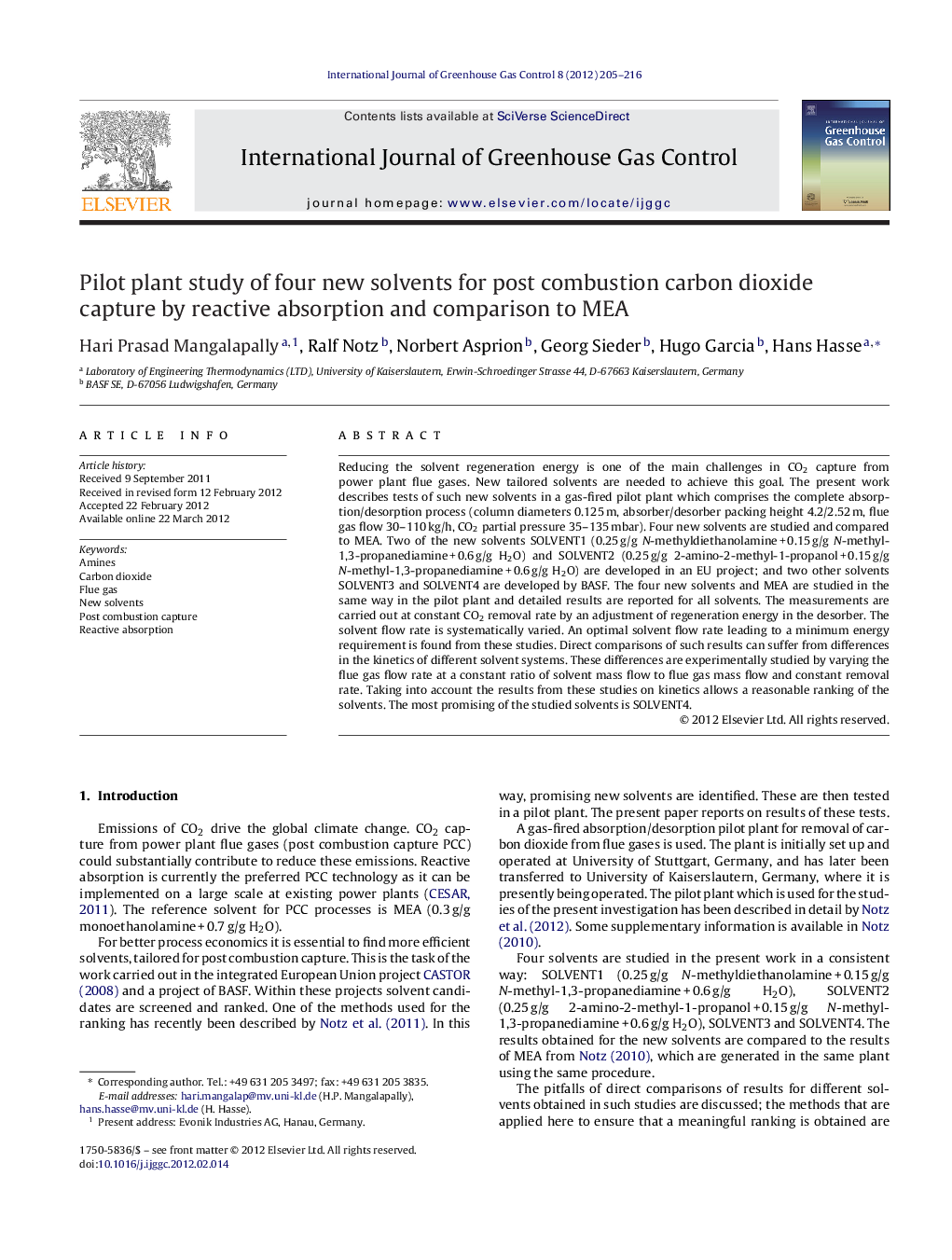 Pilot plant study of four new solvents for post combustion carbon dioxide capture by reactive absorption and comparison to MEA