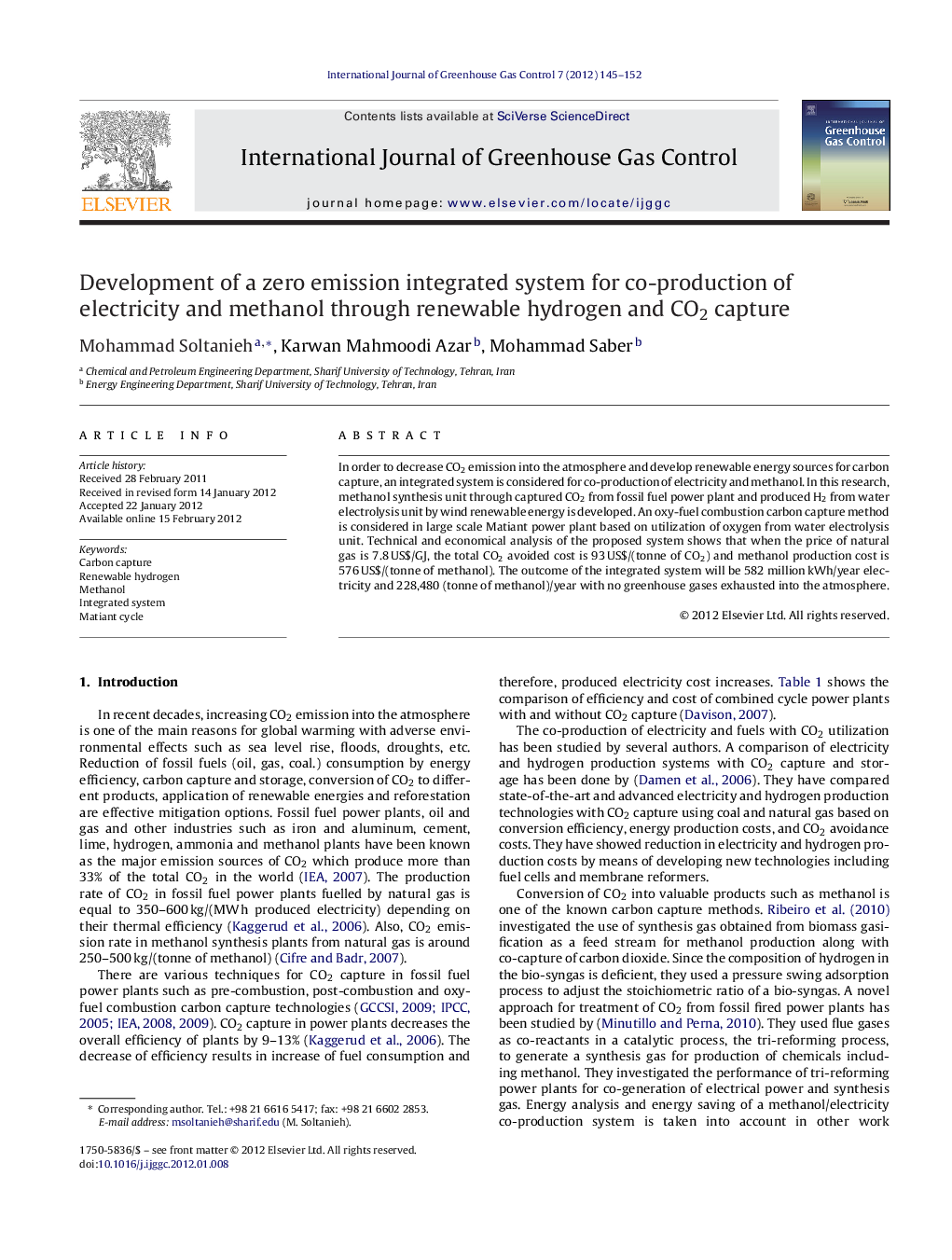 Development of a zero emission integrated system for co-production of electricity and methanol through renewable hydrogen and CO2 capture