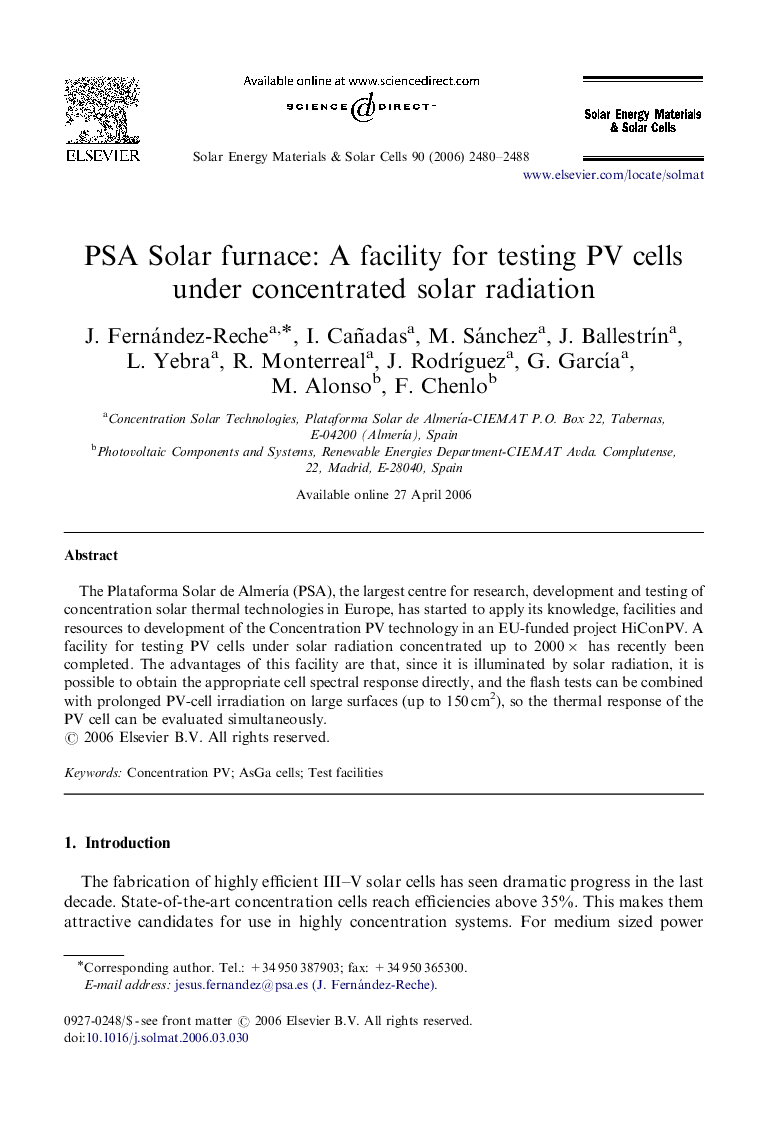 PSA Solar furnace: A facility for testing PV cells under concentrated solar radiation