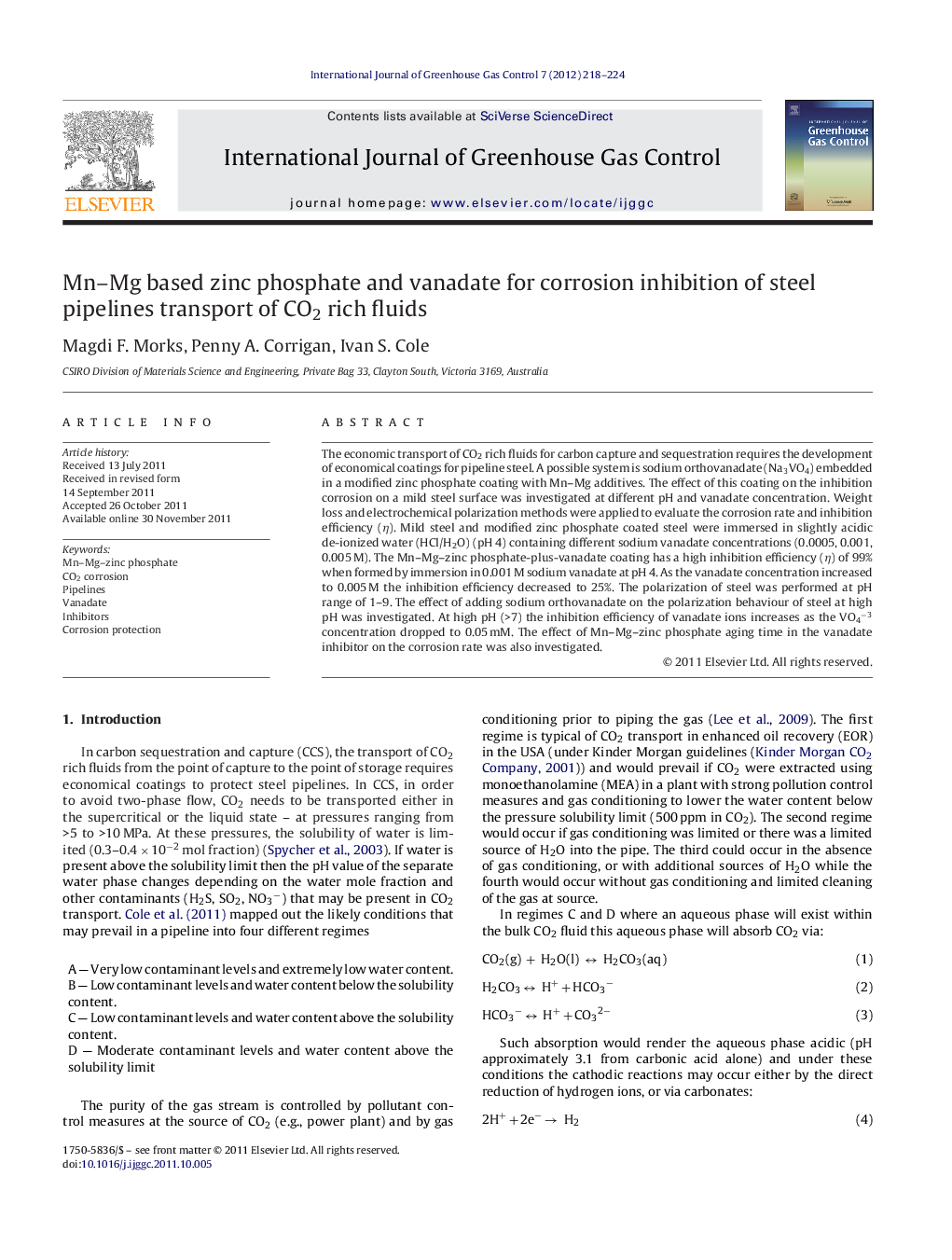 Mn-Mg based zinc phosphate and vanadate for corrosion inhibition of steel pipelines transport of CO2 rich fluids