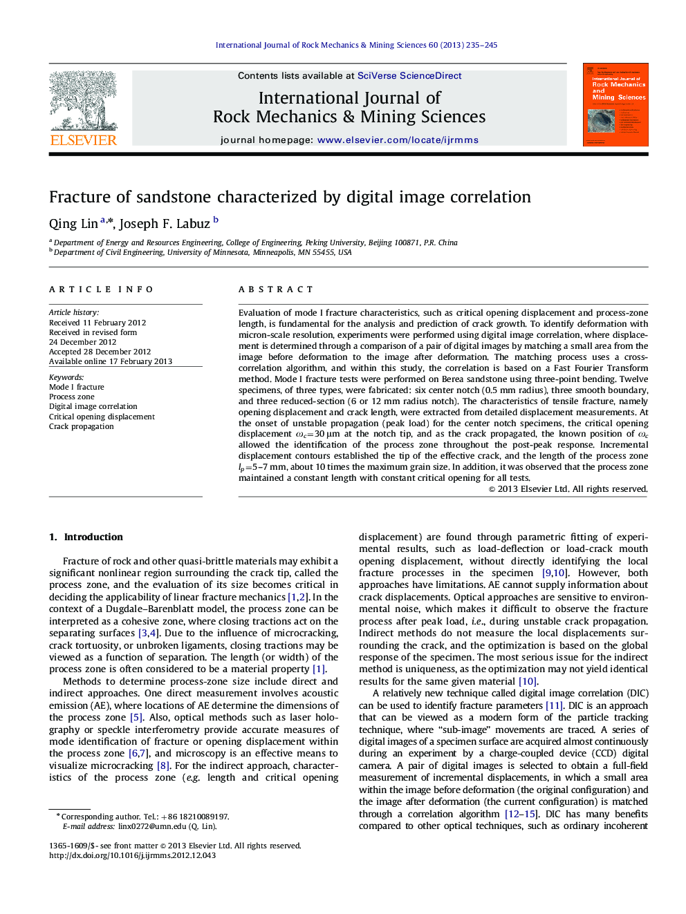 Fracture of sandstone characterized by digital image correlation