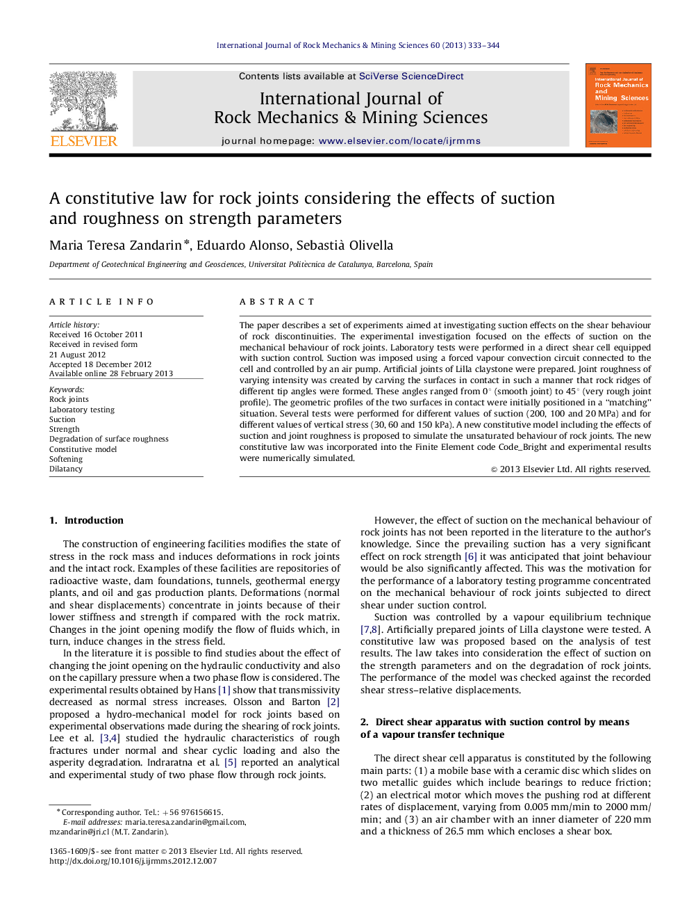 A constitutive law for rock joints considering the effects of suction and roughness on strength parameters