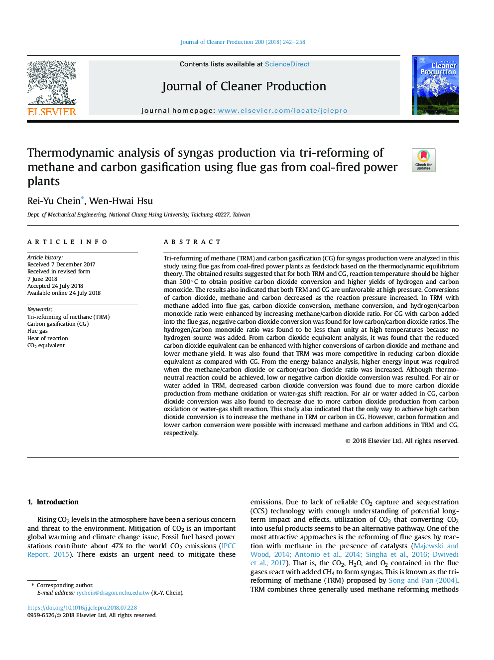 تجزیه و تحلیل ترمودینامیکی تولید همزمان گاز با استفاده از سه روش اصلاح گازاژن متان و کربن با استفاده از گاز دودکش از نیروگاه های زغال سنگ 