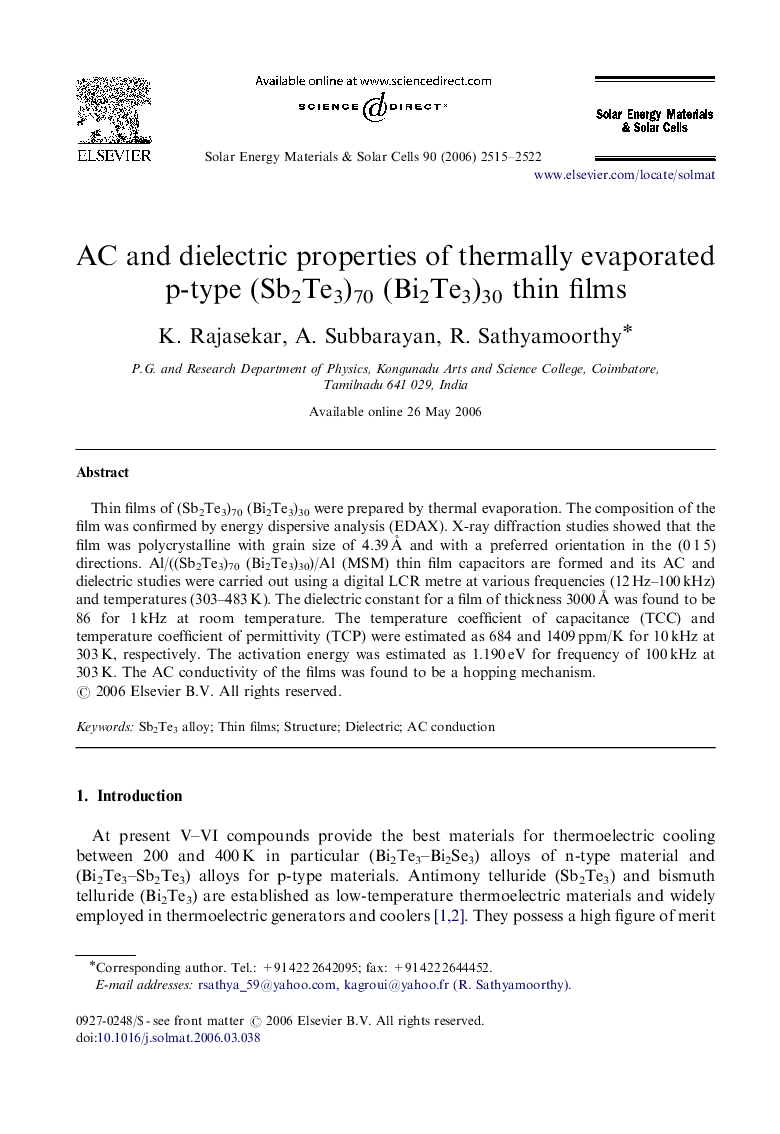 AC and dielectric properties of thermally evaporated p-type (Sb2Te3)70 (Bi2Te3)30 thin films