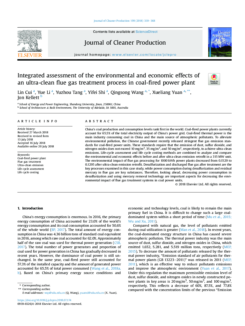 Integrated assessment of the environmental and economic effects of an ultra-clean flue gas treatment process in coal-fired power plant