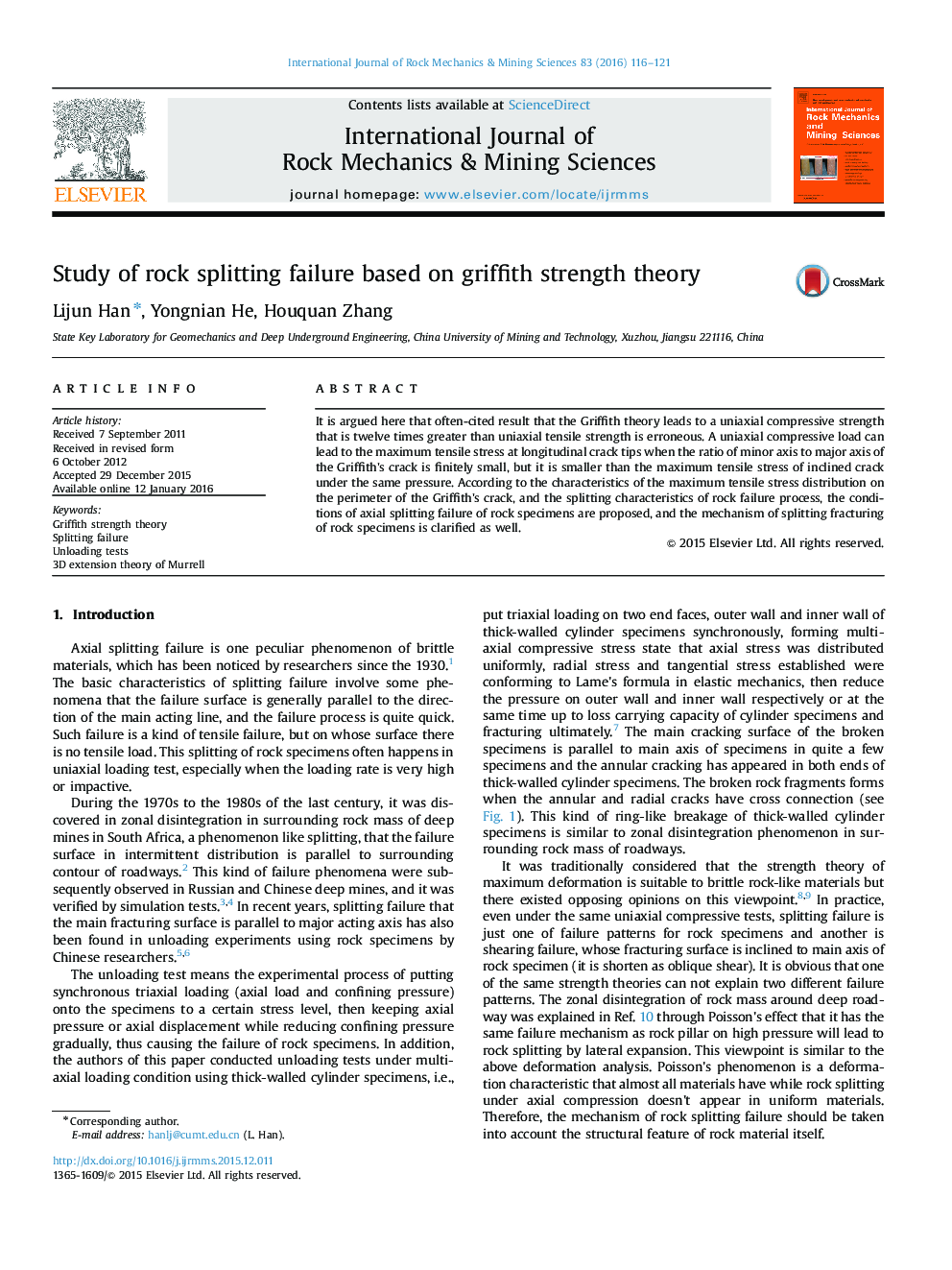 Study of rock splitting failure based on griffith strength theory