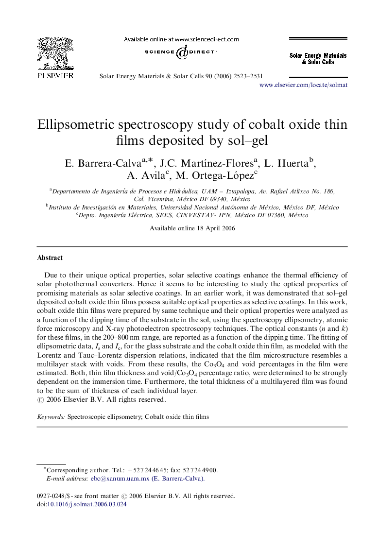 Ellipsometric spectroscopy study of cobalt oxide thin films deposited by sol–gel