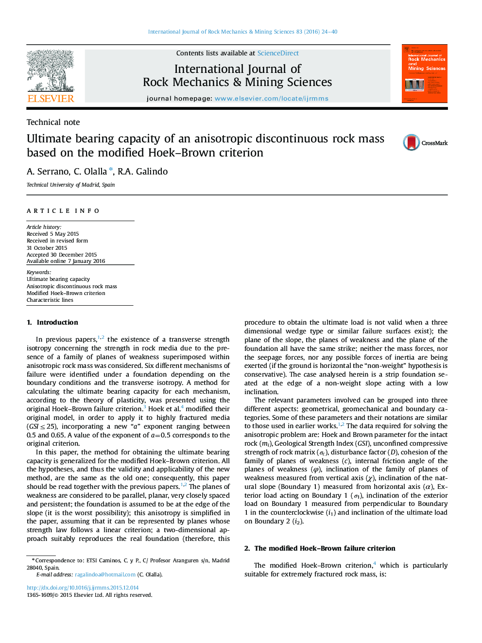 Ultimate bearing capacity of an anisotropic discontinuous rock mass based on the modified Hoek–Brown criterion