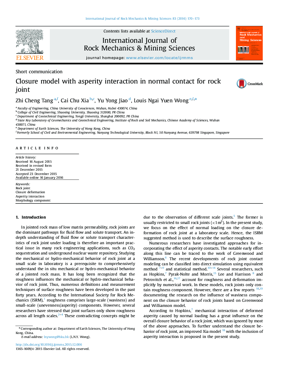 Closure model with asperity interaction in normal contact for rock joint