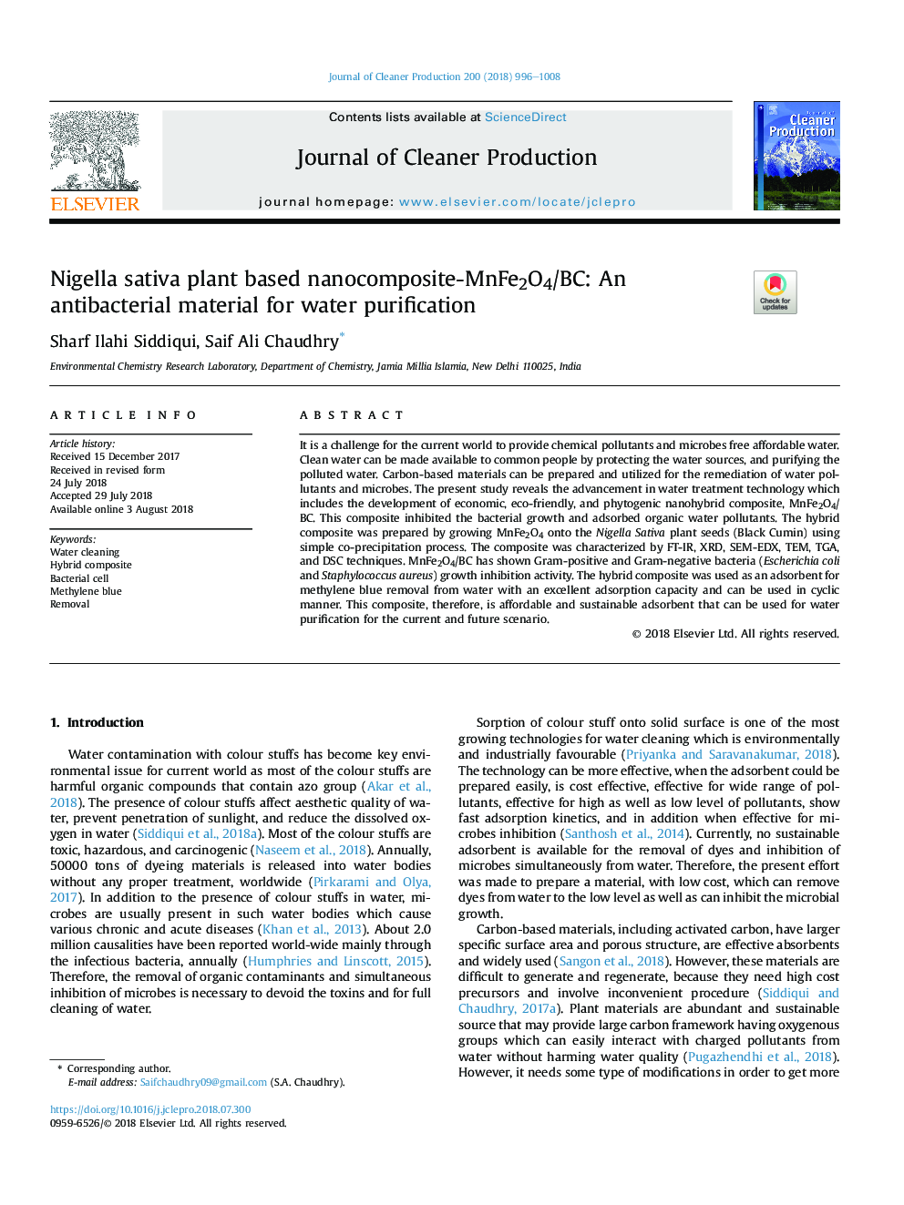 Nigella sativa plant based nanocomposite-MnFe2O4/BC: An antibacterial material for water purification