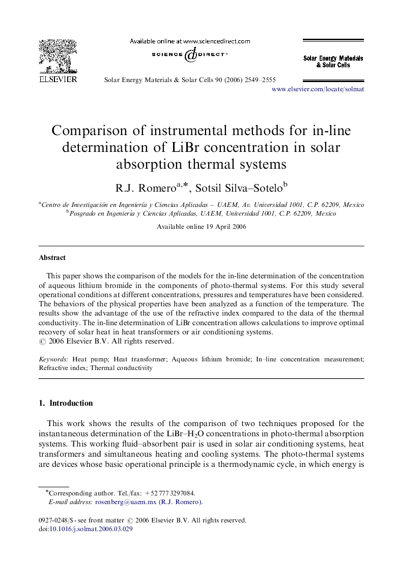 Comparison of instrumental methods for in-line determination of LiBr concentration in solar absorption thermal systems