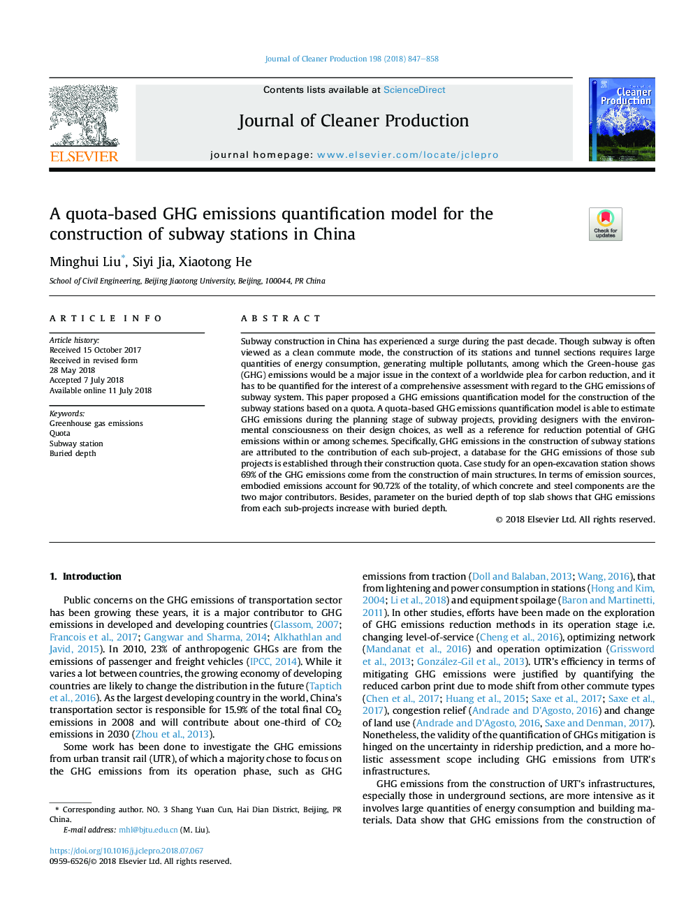 یک مدل کوانتیزیکی انتشار گازهای گلخانه ای مبتنی بر سهمیه بندی برای ساخت ایستگاه های مترو در چین 