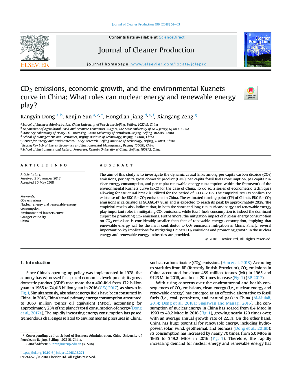 CO2 emissions, economic growth, and the environmental Kuznets curve in China: What roles can nuclear energy and renewable energy play?