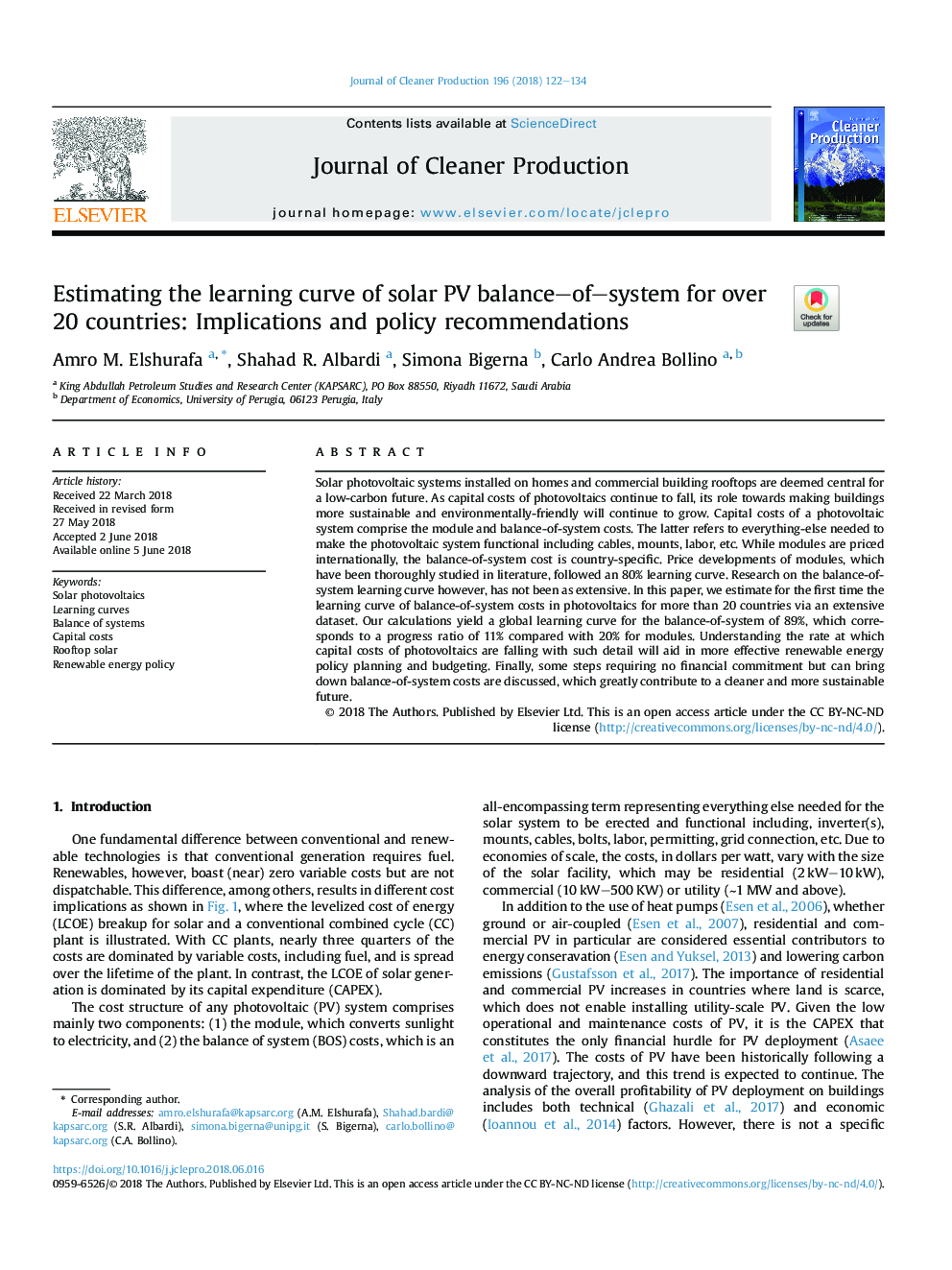 Estimating the learning curve of solar PV balance-of-system for over 20 countries: Implications and policy recommendations