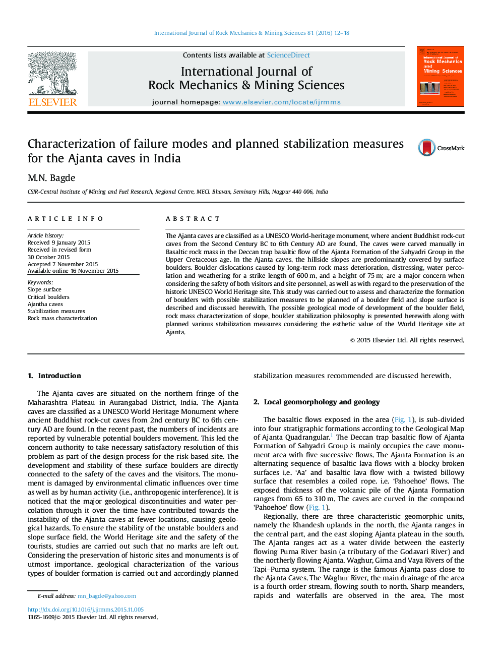 Characterization of failure modes and planned stabilization measures for the Ajanta caves in India