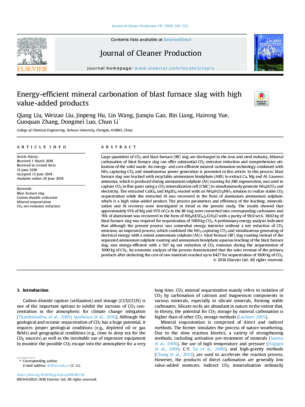 Energy-efficient mineral carbonation of blast furnace slag with high value-added products