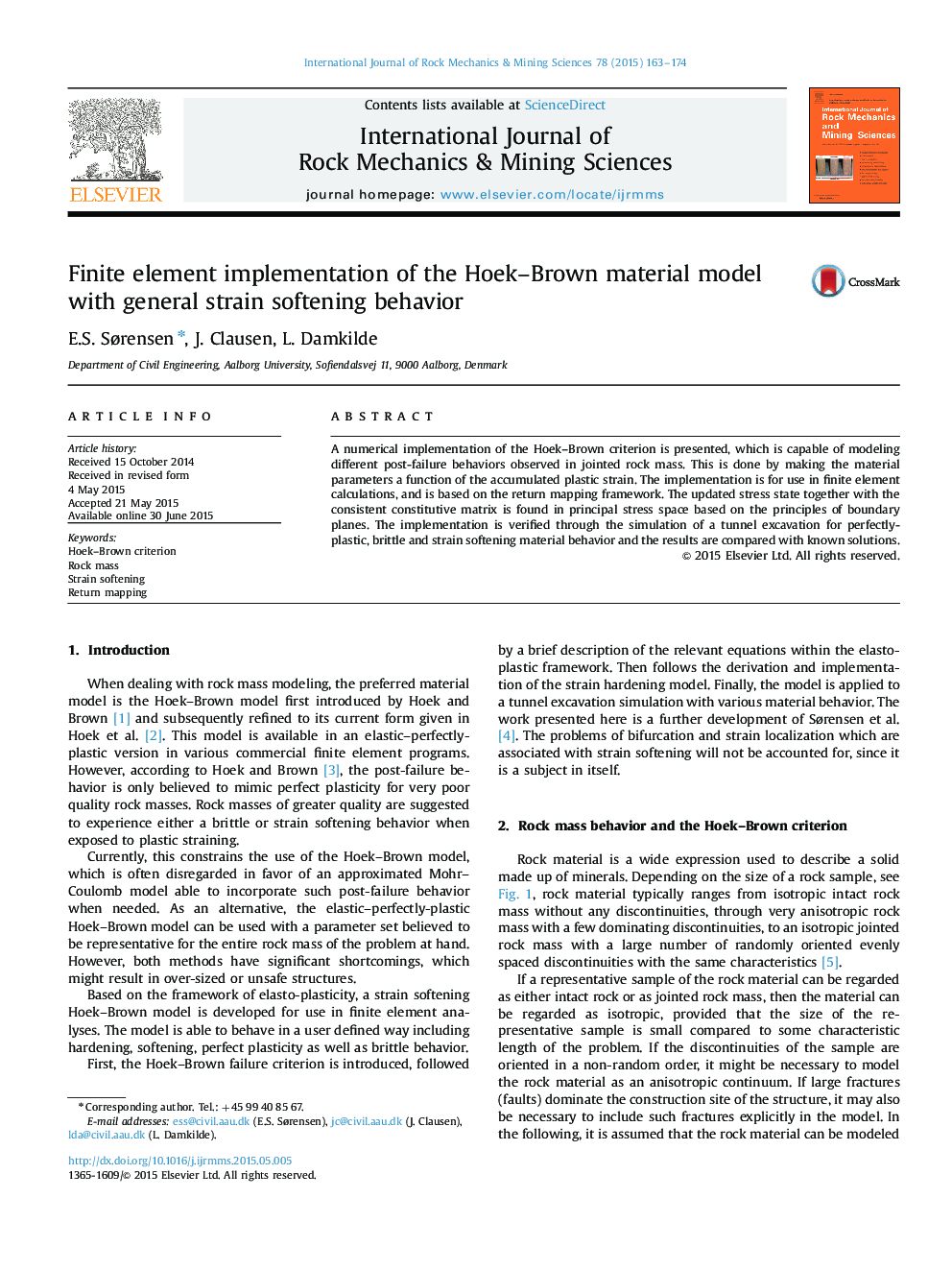 Finite element implementation of the Hoek–Brown material model with general strain softening behavior