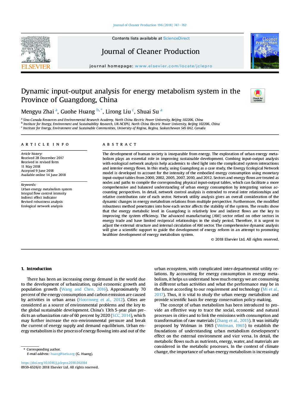 Dynamic input-output analysis for energy metabolism system in the Province of Guangdong, China