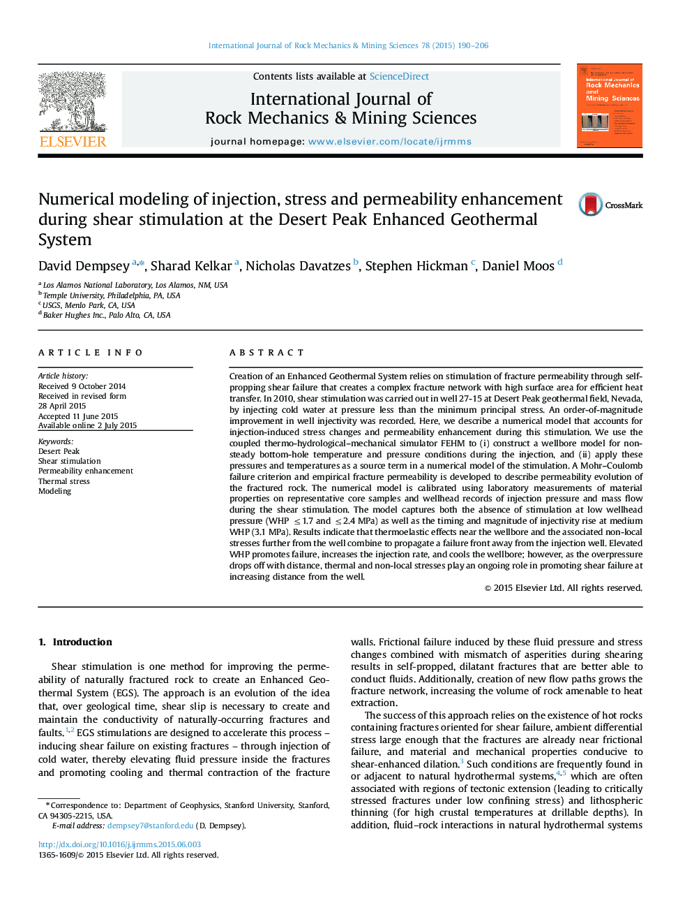 Numerical modeling of injection, stress and permeability enhancement during shear stimulation at the Desert Peak Enhanced Geothermal System