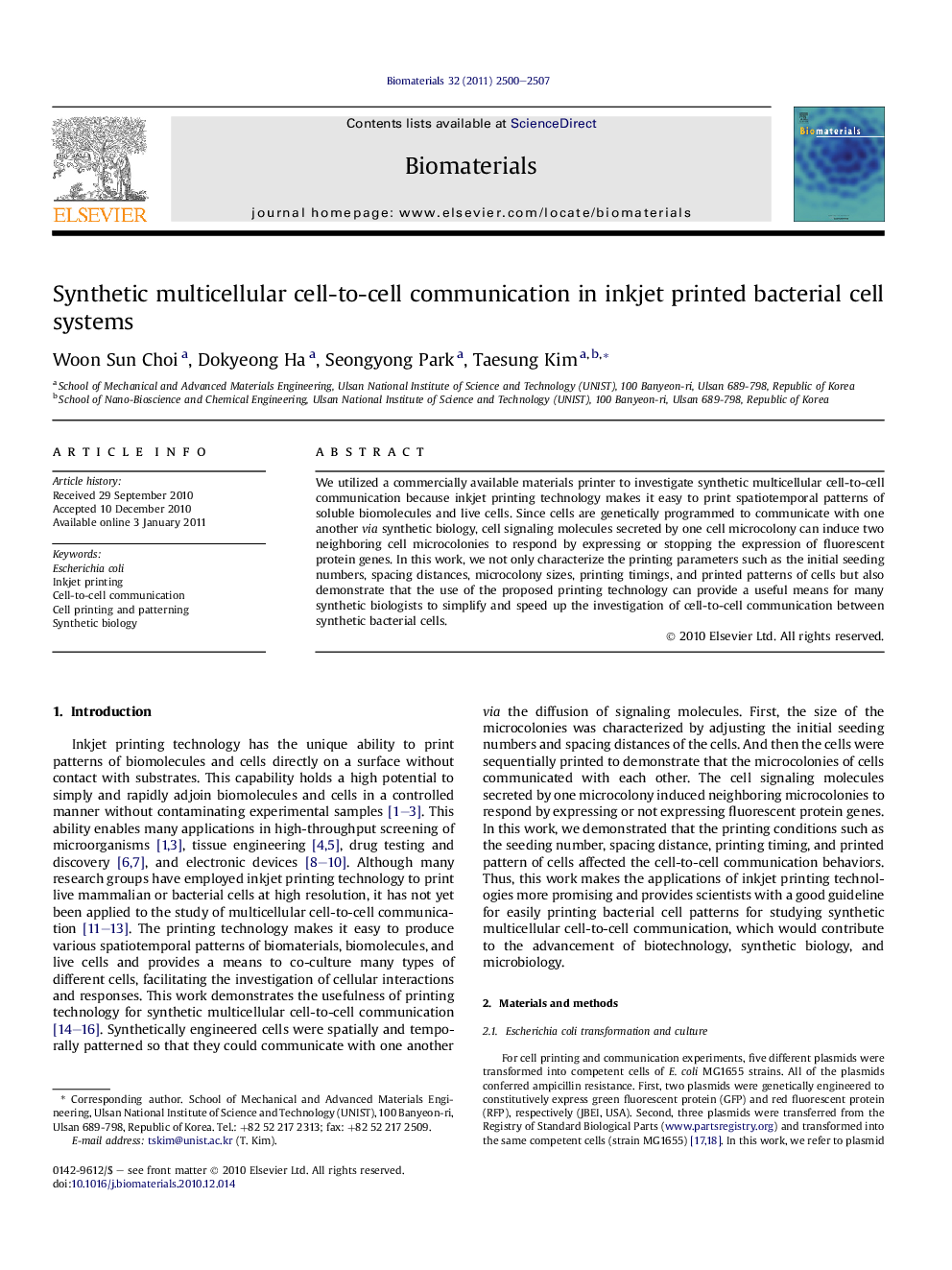 Synthetic multicellular cell-to-cell communication in inkjet printed bacterial cell systems