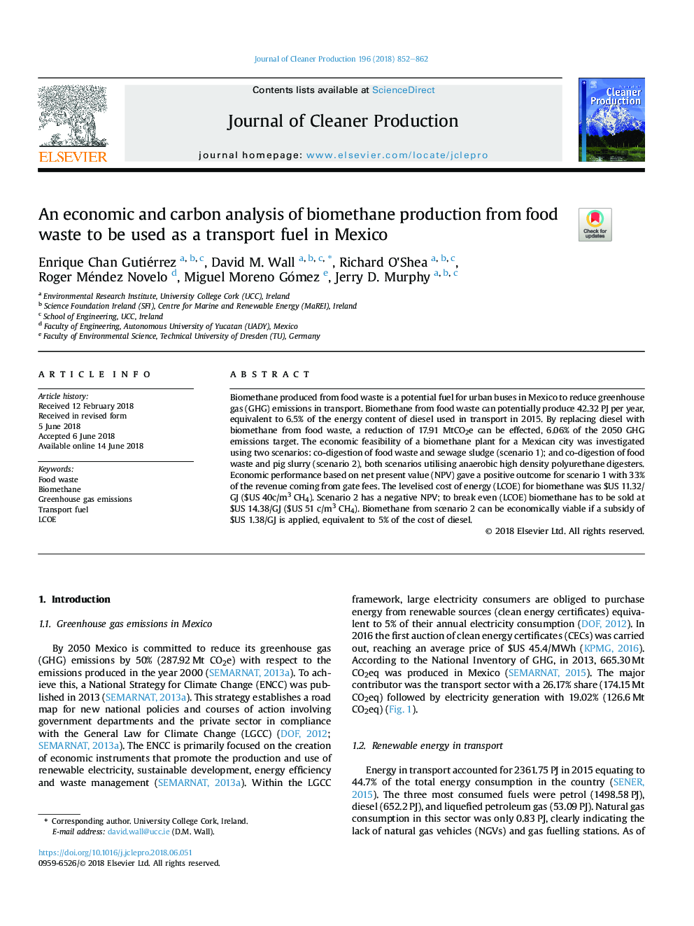 یک تجزیه و تحلیل اقتصادی و کربن تولید بیومتری از زباله های مواد غذایی به عنوان سوخت حمل و نقل در مکزیک استفاده می شود 