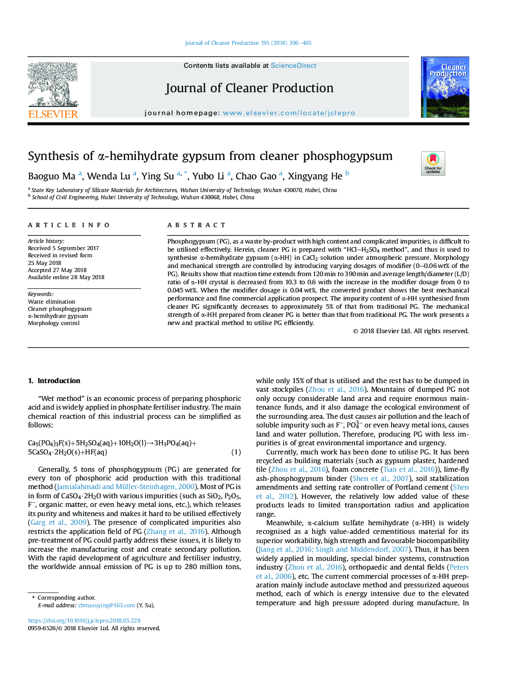 Synthesis of Î±-hemihydrate gypsum from cleaner phosphogypsum