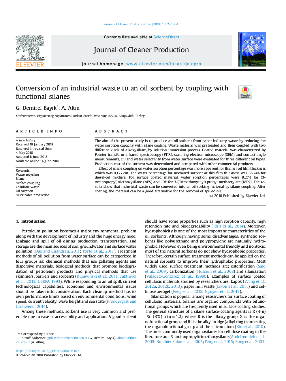 Conversion of an industrial waste to an oil sorbent by coupling with functional silanes