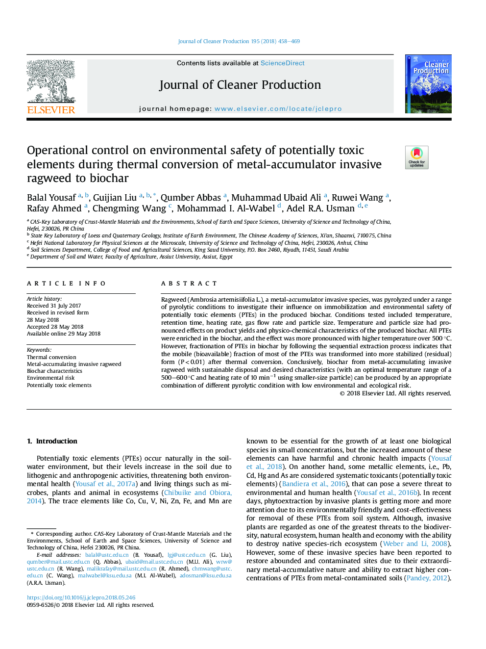 Operational control on environmental safety of potentially toxic elements during thermal conversion of metal-accumulator invasive ragweed to biochar