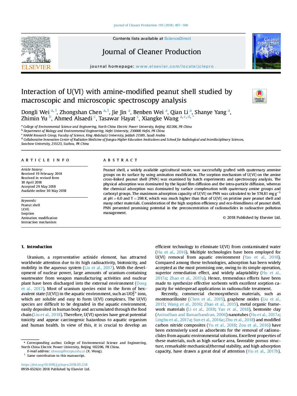 Interaction of U(VI) with amine-modified peanut shell studied by macroscopic and microscopic spectroscopy analysis