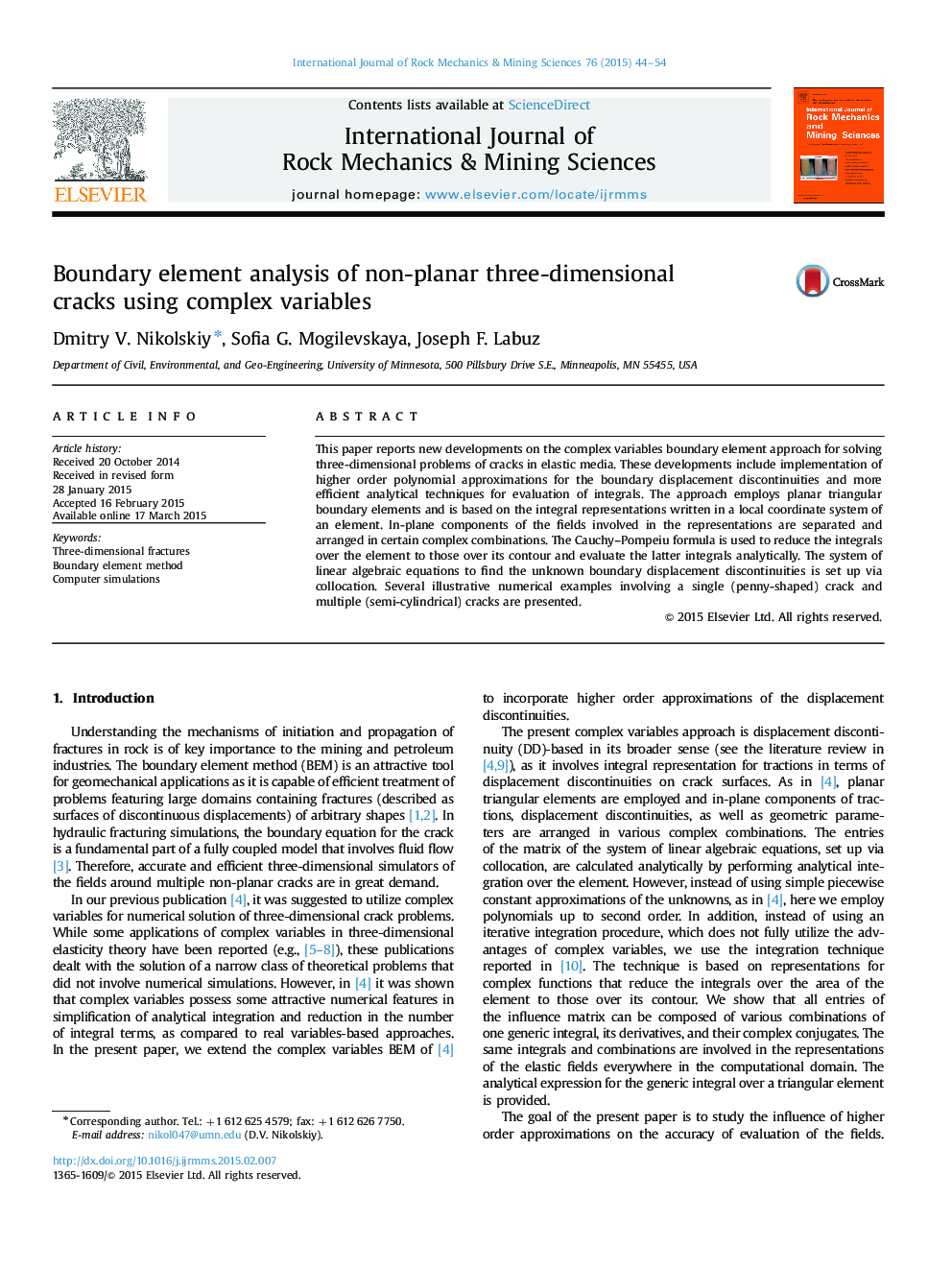 Boundary element analysis of non-planar three-dimensional cracks using complex variables