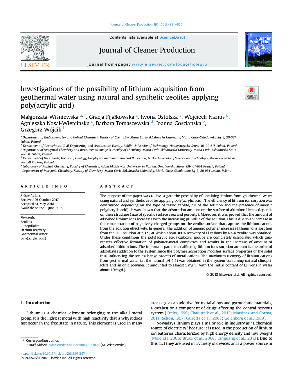 بررسی امکان دستیابی لیتیوم از آب ژئوترمال با استفاده از زئولیت های طبیعی و مصنوعی با استفاده از پلی (اکریلیک اسید) 