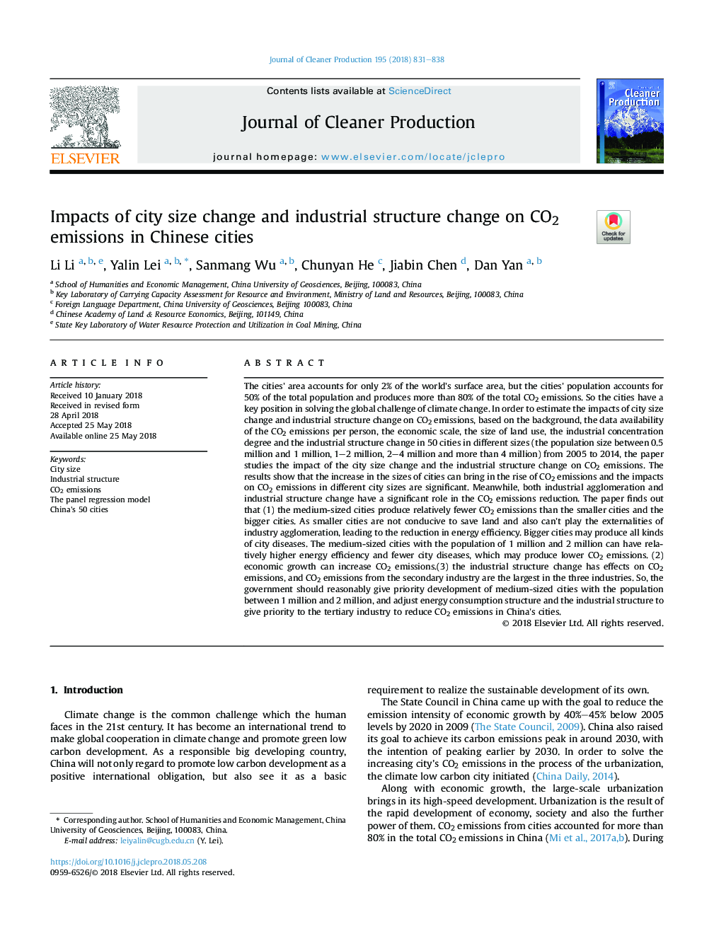 عکس صفحه اول مقاله: Impacts of city size change and industrial structure change on CO2 emissions in Chinese cities Impacts of city size change and industrial structure change on CO2 emissions in Chinese cities