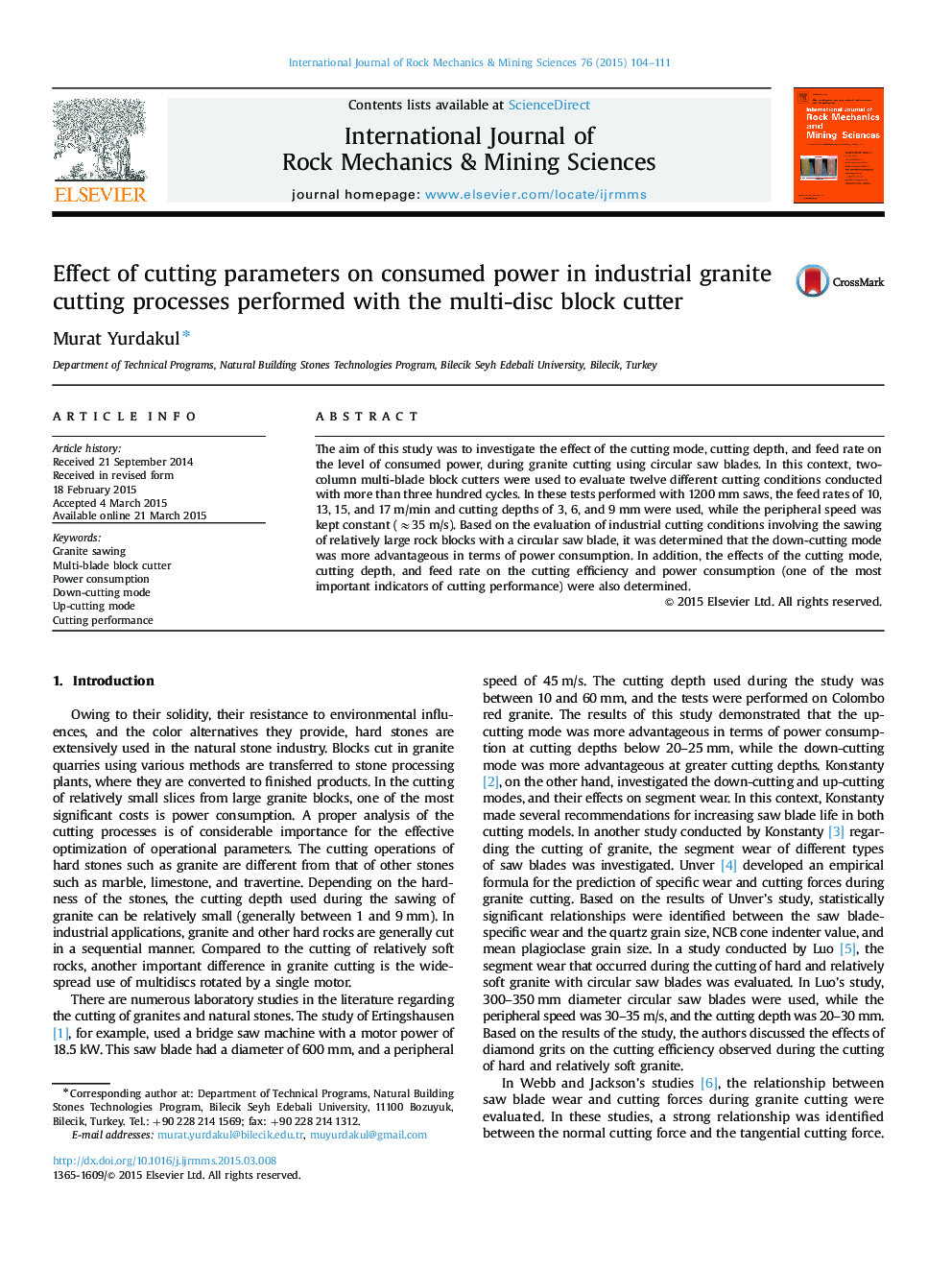 Effect of cutting parameters on consumed power in industrial granite cutting processes performed with the multi-disc block cutter