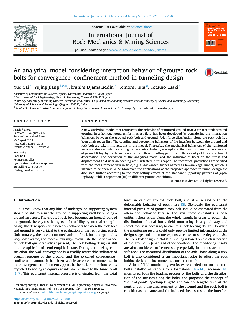 An analytical model considering interaction behavior of grouted rock bolts for convergence–confinement method in tunneling design