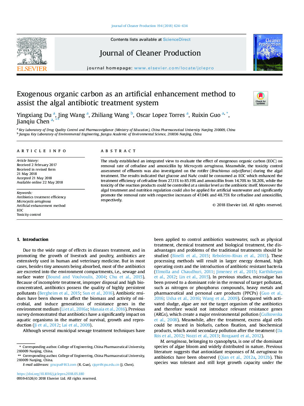 Exogenous organic carbon as an artificial enhancement method to assist the algal antibiotic treatment system