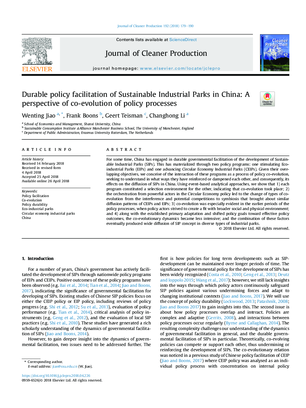 Durable policy facilitation of Sustainable Industrial Parks in China: A perspective of co-evolution of policy processes