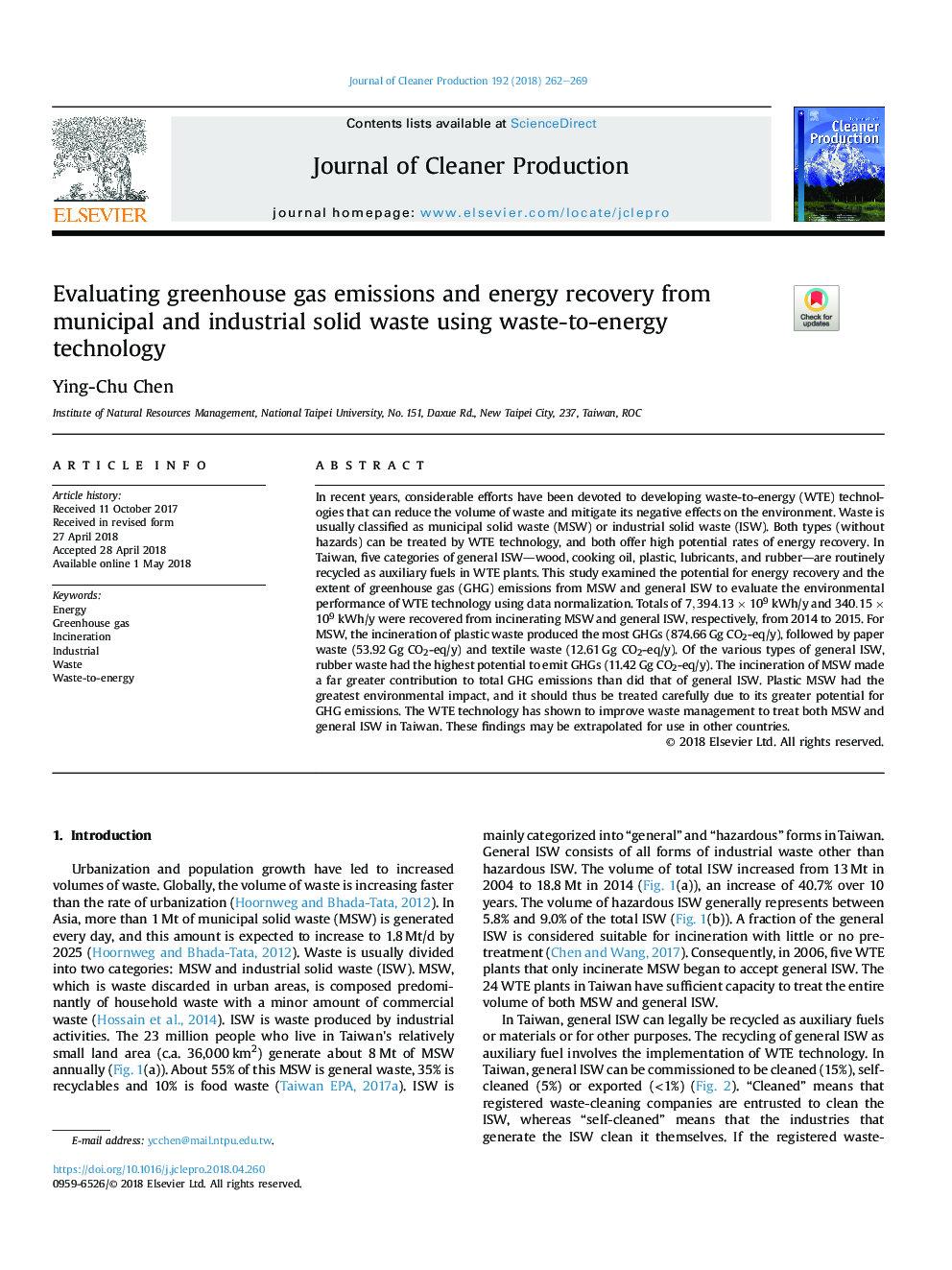 Evaluating greenhouse gas emissions and energy recovery from municipal and industrial solid waste using waste-to-energy technology