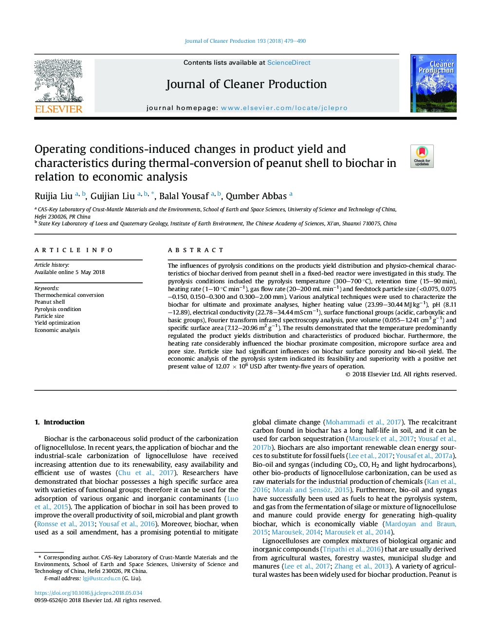 Operating conditions-induced changes in product yield and characteristics during thermal-conversion of peanut shell to biochar in relation to economic analysis