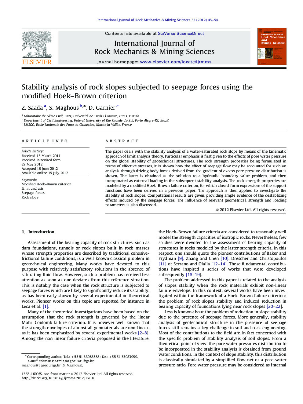 Stability analysis of rock slopes subjected to seepage forces using the modified Hoek–Brown criterion