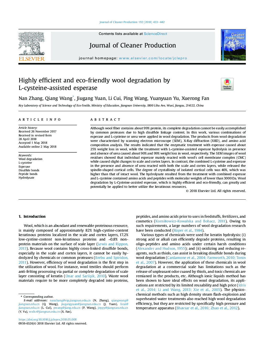 Highly efficient and eco-friendly wool degradation by L-cysteine-assisted esperase