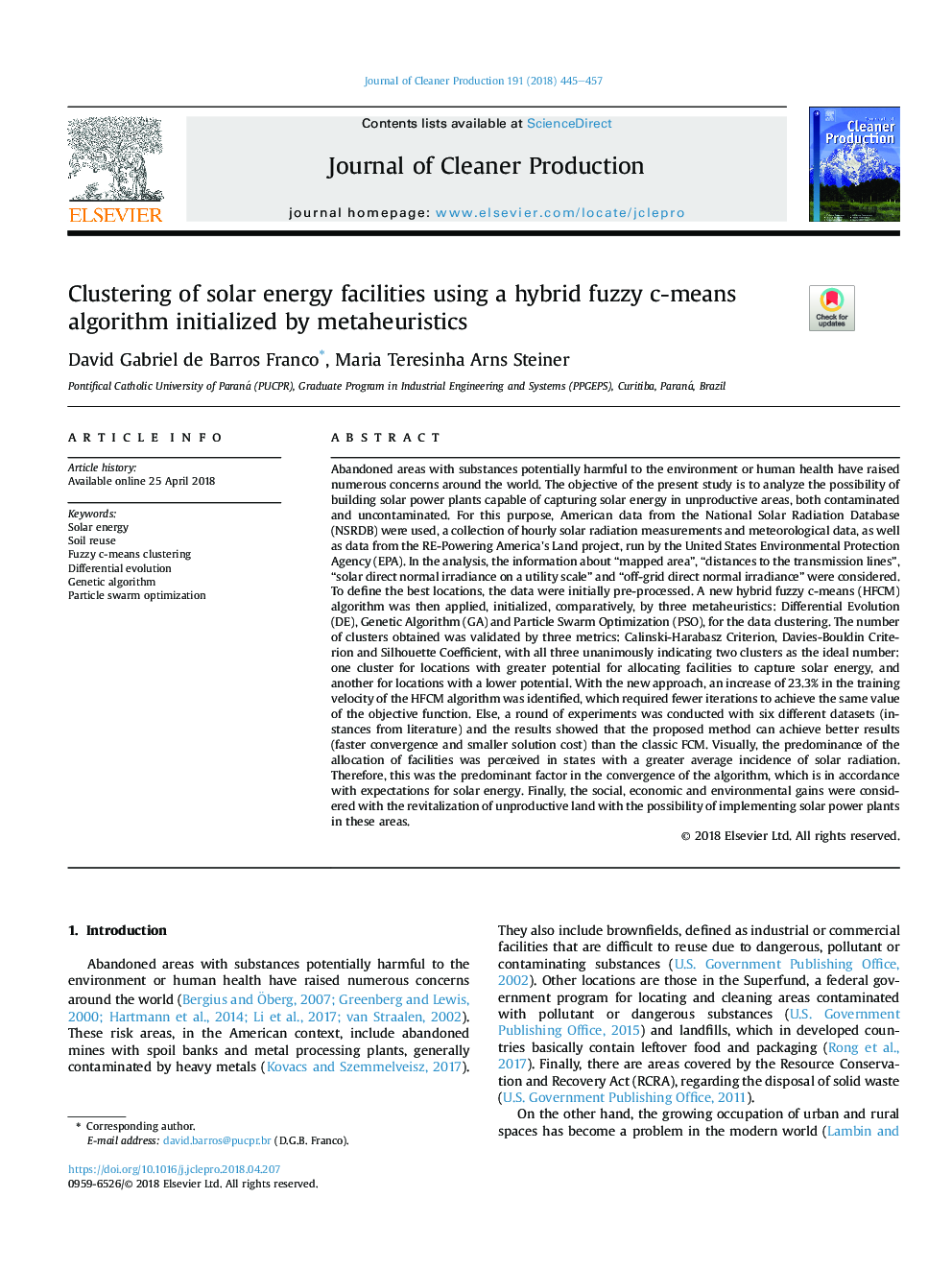 Clustering of solar energy facilities using a hybrid fuzzy c-means algorithm initialized by metaheuristics