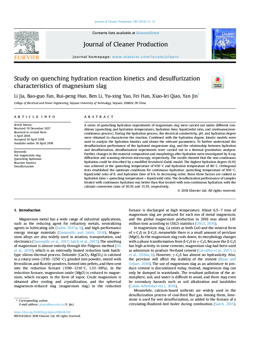 Study on quenching hydration reaction kinetics and desulfurization characteristics of magnesium slag