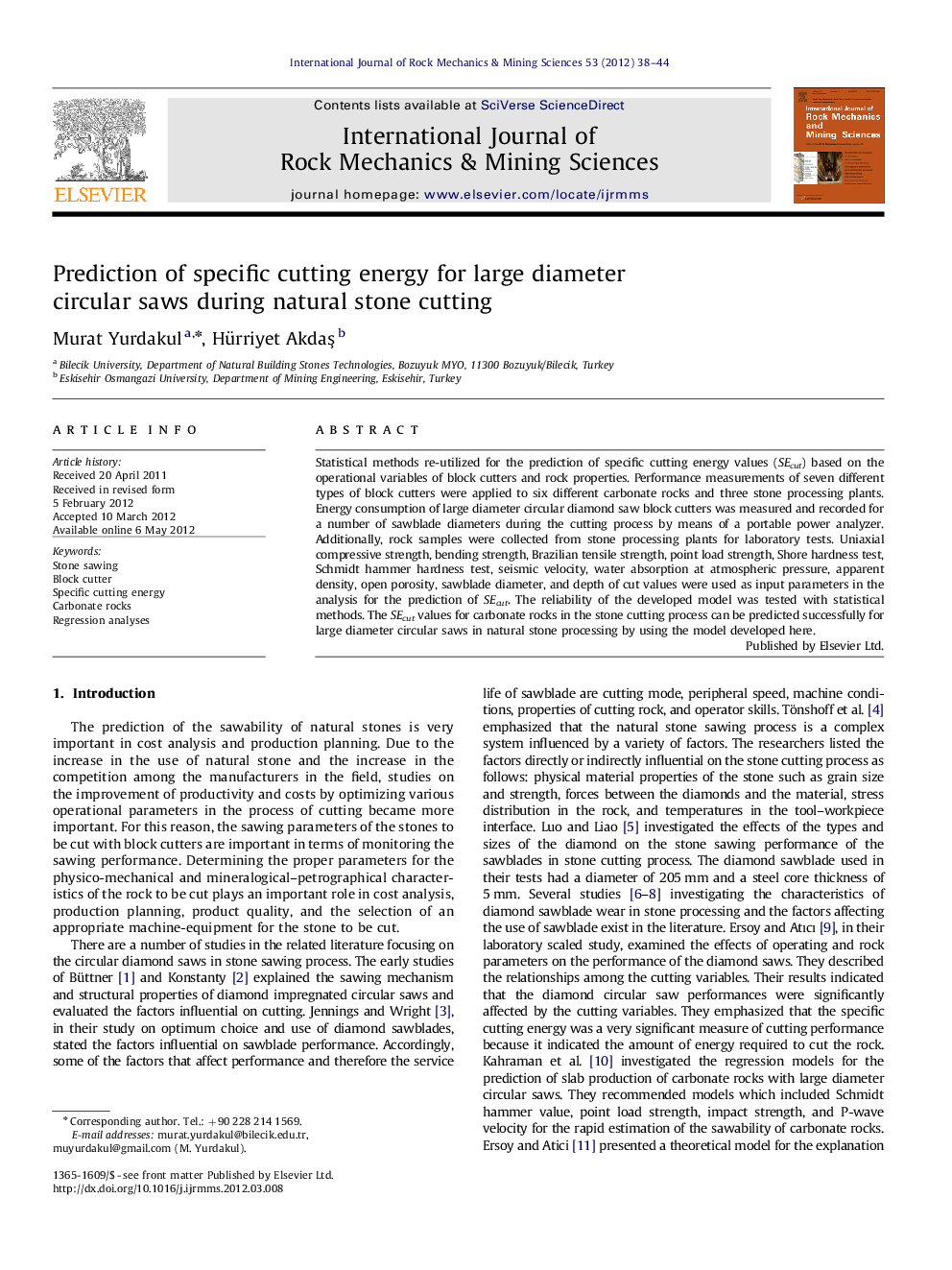 Prediction of specific cutting energy for large diameter circular saws during natural stone cutting