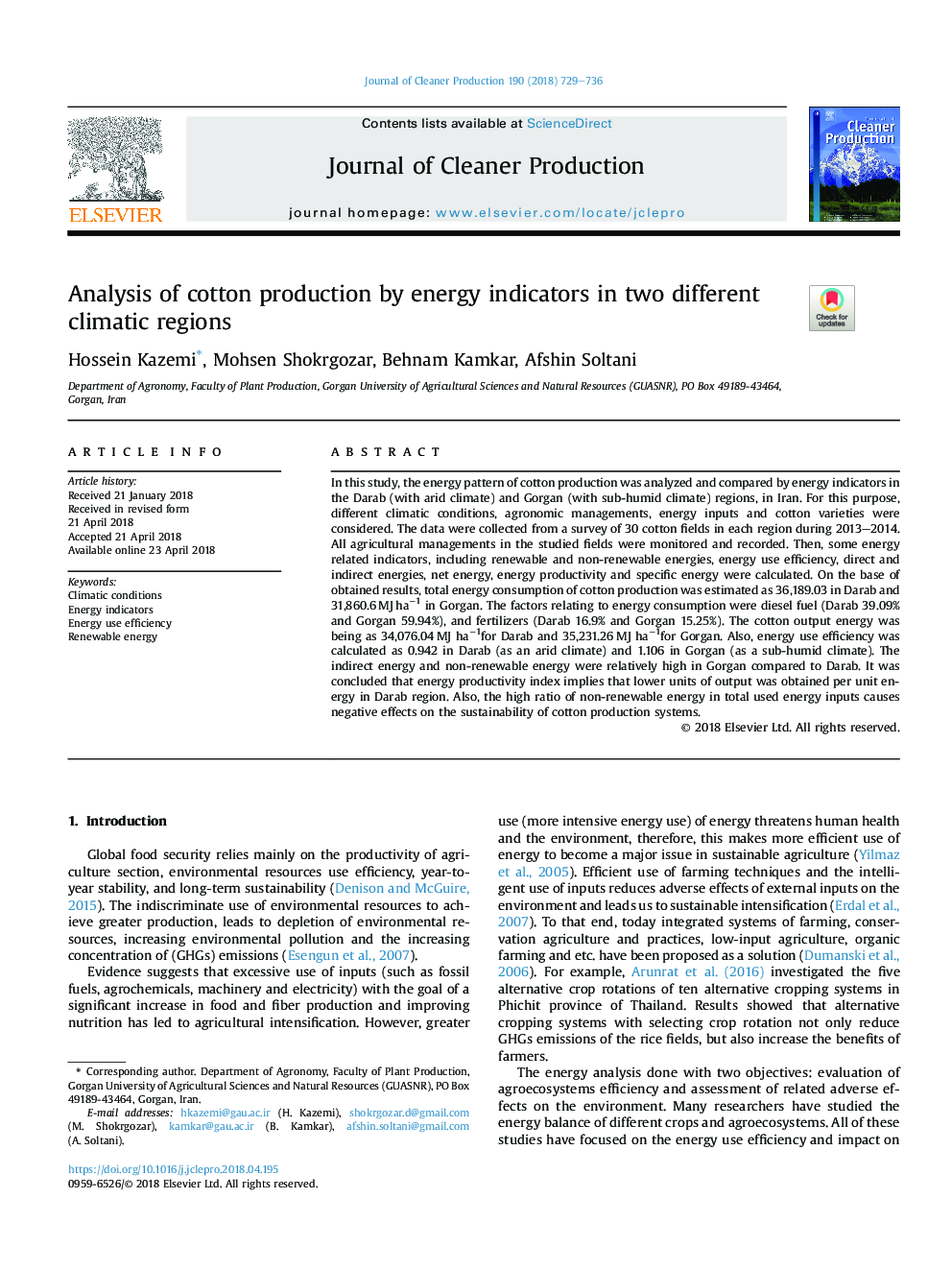 Analysis of cotton production by energy indicators in two different climatic regions