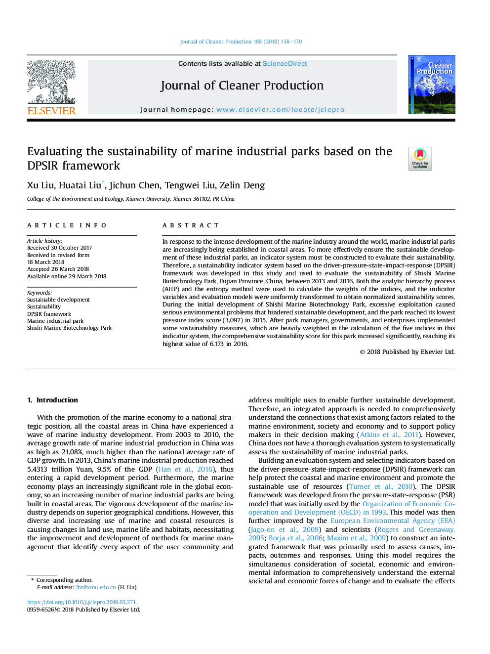 Evaluating the sustainability of marine industrial parks based on the DPSIR framework