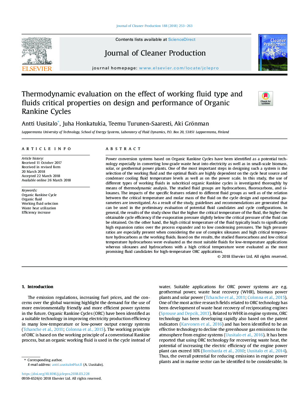 Thermodynamic evaluation on the effect of working fluid type and fluids critical properties on design and performance of Organic Rankine Cycles