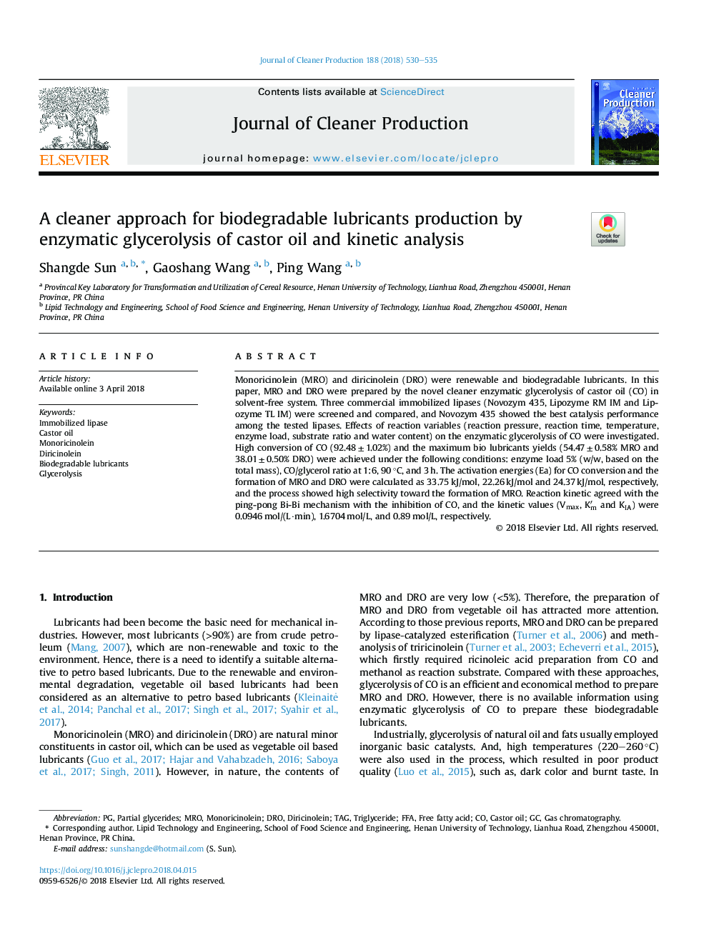 A cleaner approach for biodegradable lubricants production by enzymatic glycerolysis of castor oil and kinetic analysis