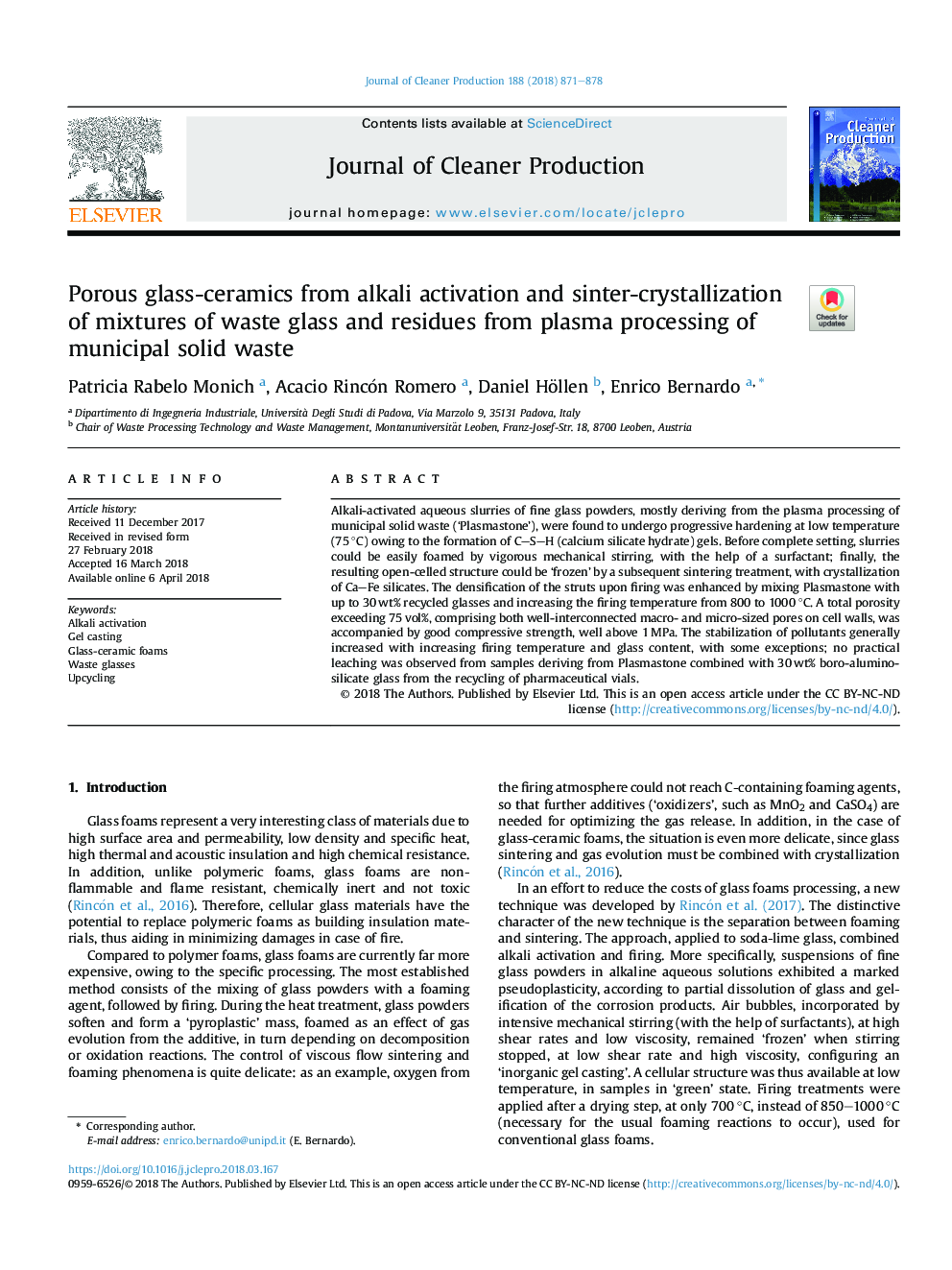 Porous glass-ceramics from alkali activation and sinter-crystallization of mixtures of waste glass and residues from plasma processing of municipal solid waste